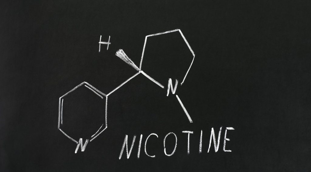 An atomic diagram of nicotine with the words "Nicotine" written underneath.