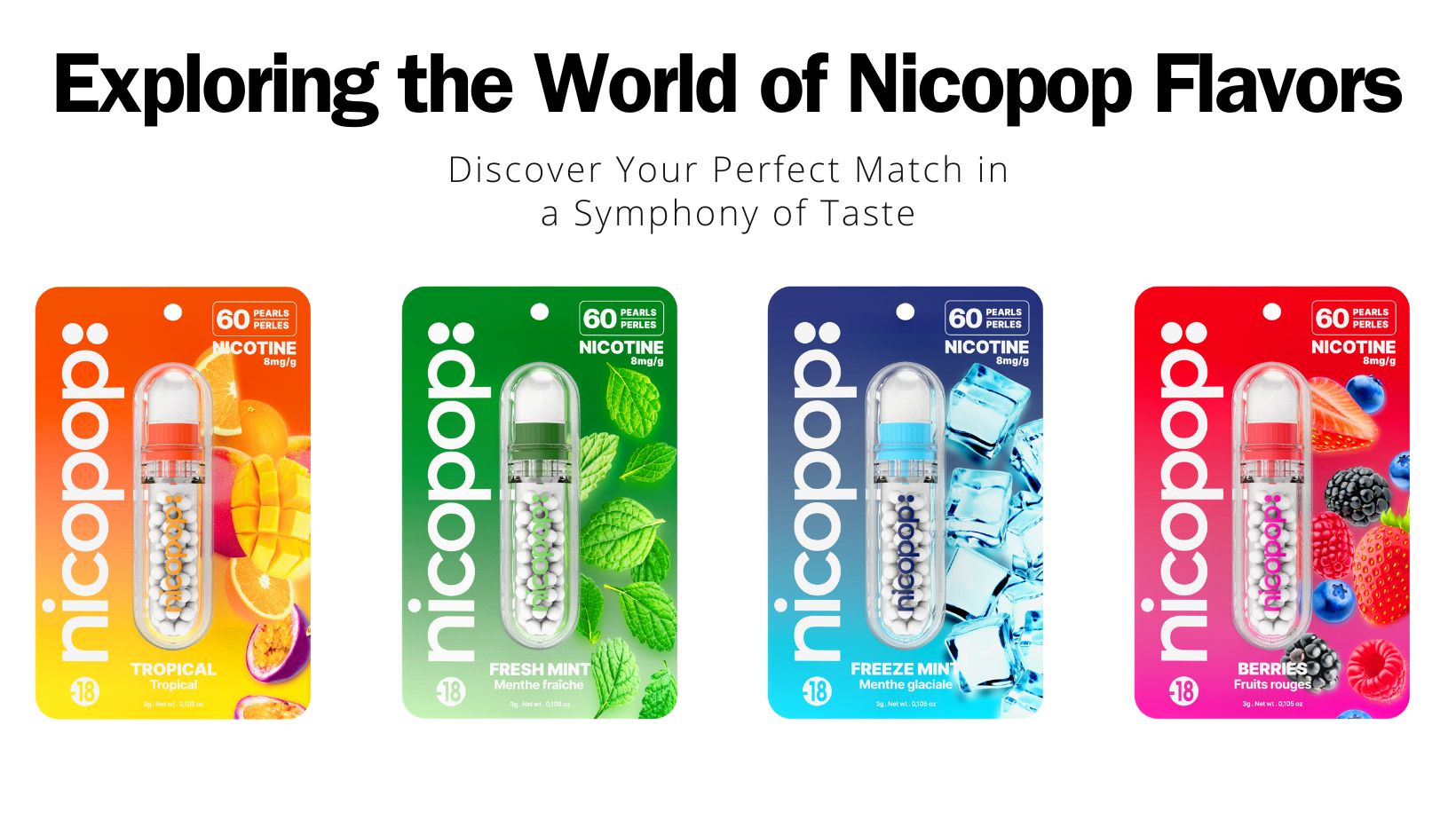 Assortment of Nicopop nicotine replacement therapy flavors including Tropical, Fresh Mint, Freeze Mint, and Berries